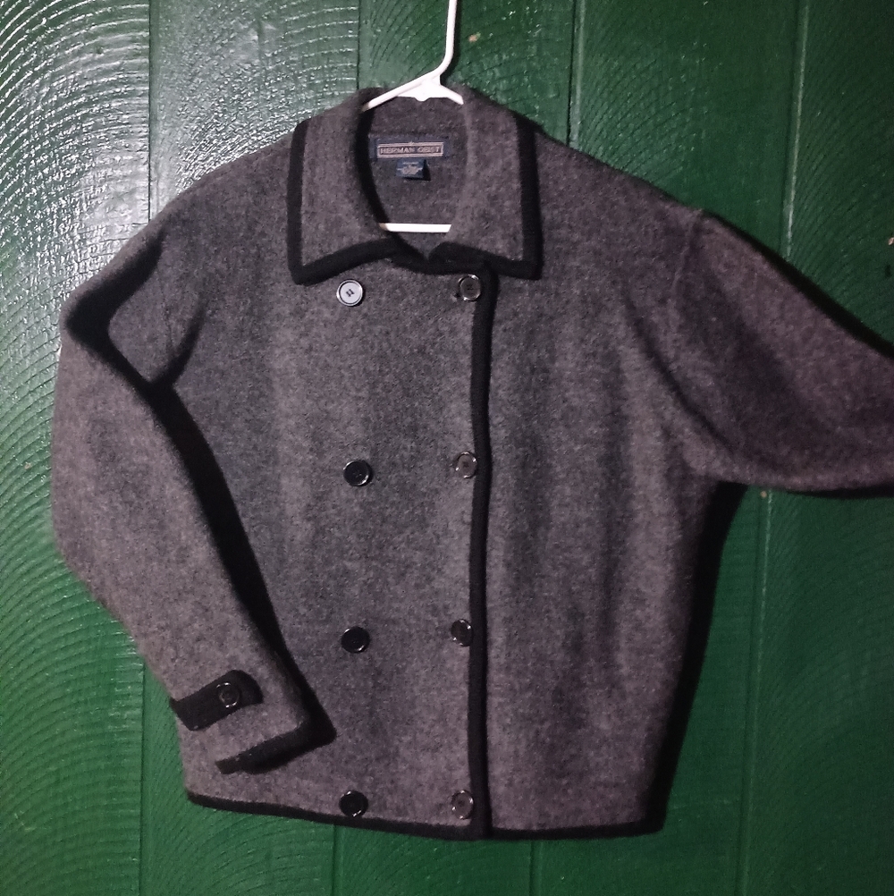 Vintage Herman Geist 100% Boiled Wool Jacket Gray Black Trim Double-Breasted - L